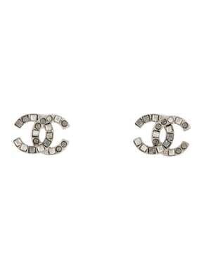 Chanel Silver-tone Strass Interlocking CC Stud Earrings